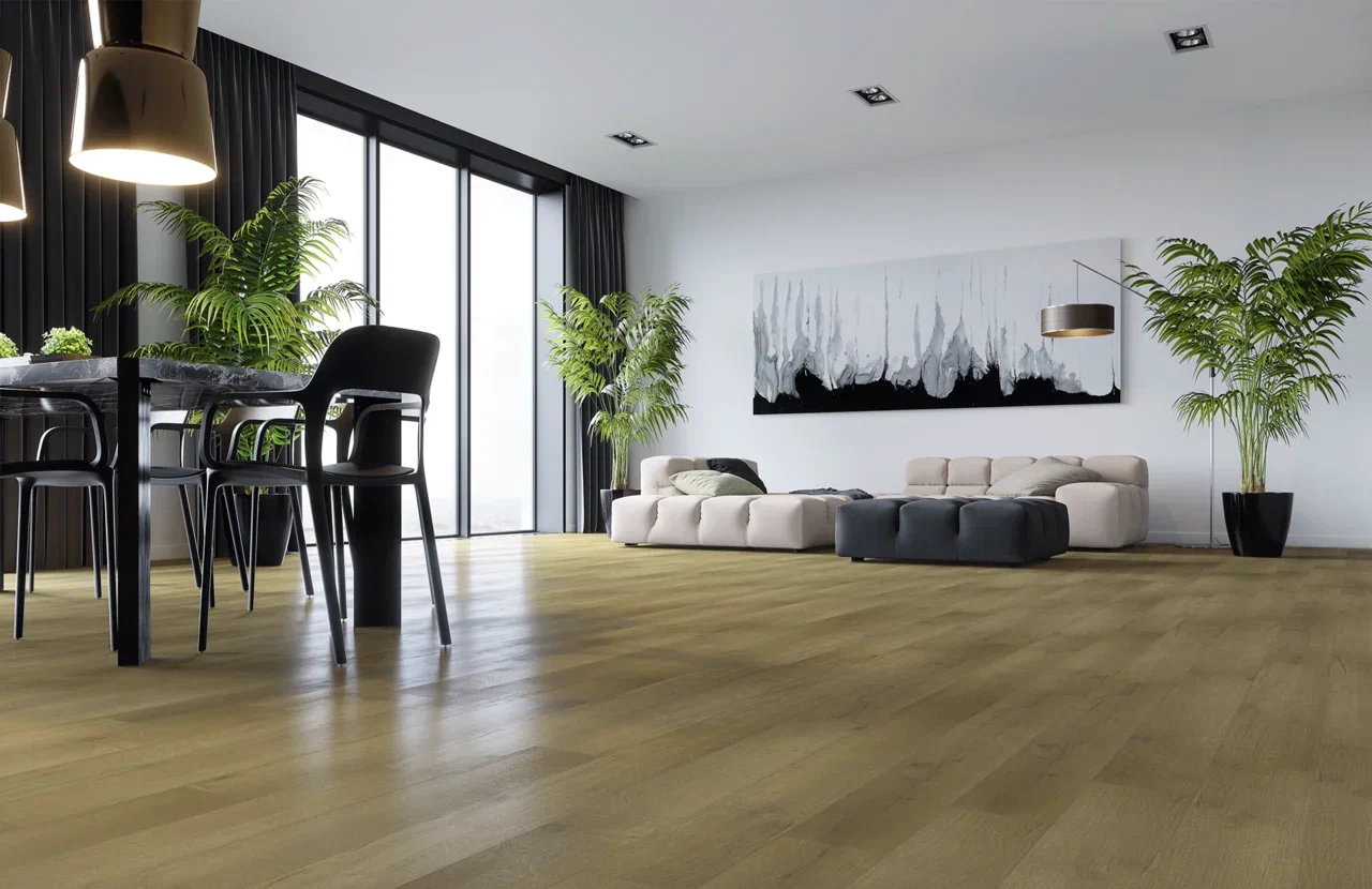 Кварцвиниловый SPC ламинат Home Expert Natural Дуб Янтарный пляж 1201 / 0-002 1220×150×3,5 фото в интерьере